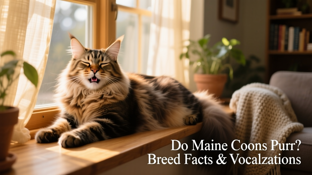 A relaxed Maine Coon sitting on a sunlit windowsill, eyes half-closed, clearly purring