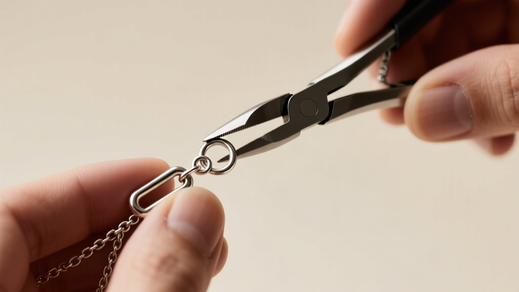 Jeweler using fine chain-nose pliers to carefully close a 1.5mm sterling silver jump ring attached to a heavy toggle clasp bar.