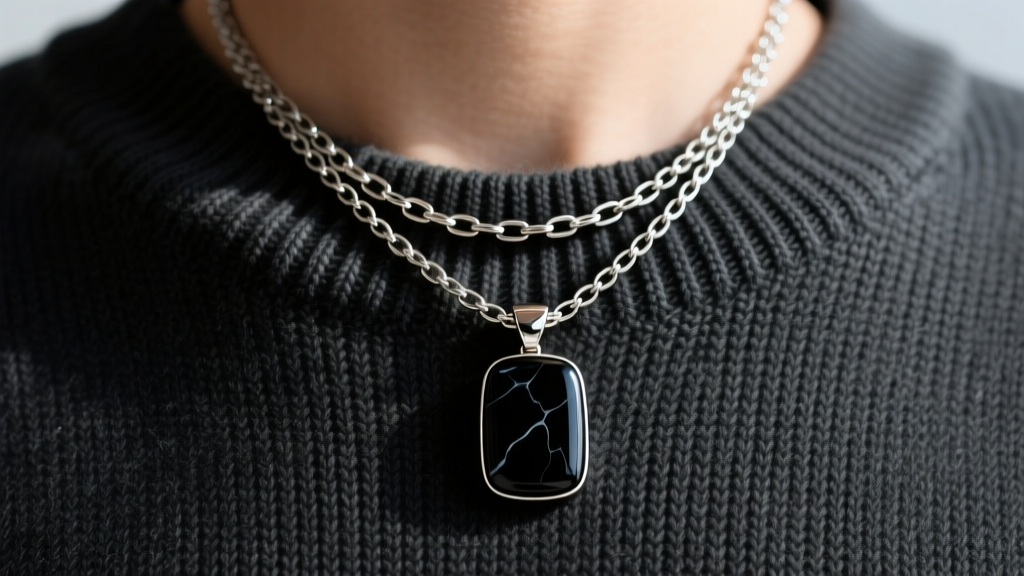 Close-up of a 3.5mm steel figaro chain with a 40mm onyx pendant layered over a dark charcoal scoop-neck sweater in daylight.