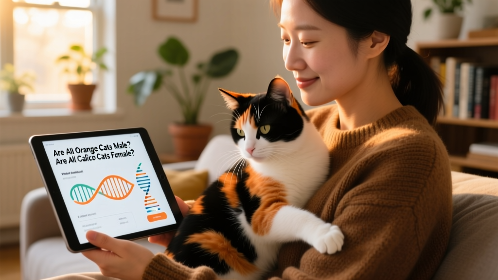 Cat owner gently holding a calico cat while reviewing DNA test results on a tablet
