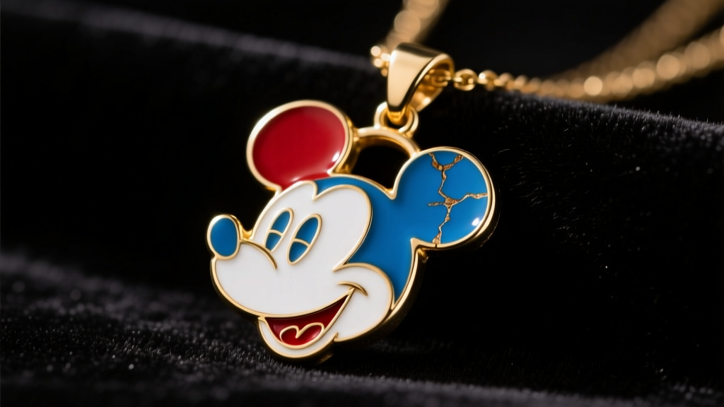 Close-up of a 1940s cold-pressed enamel vintage Mickey Mouse necklace pendant resting on dark velvet under soft warm lighting.