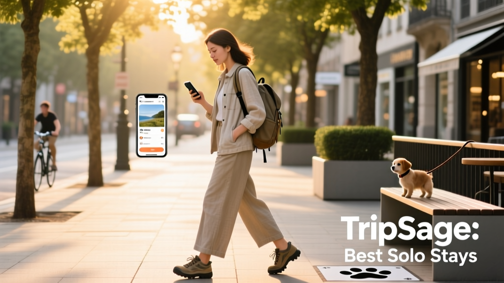 A solo female traveler confidently checking her phone while walking down a clean, tree-lined street in broad daylight