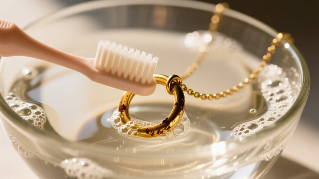 Close-up of a glass bowl with warm soapy water and a soft baby toothbrush gently scrubbing a tarnished gold-filled necklace jump ring.