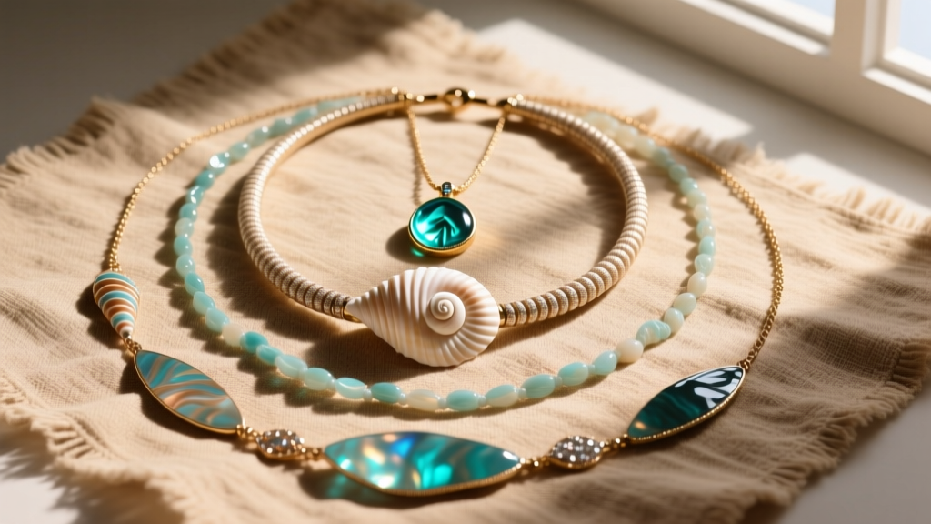 Flat lay of layered ocean necklaces, featuring a spiral shell choker and a Te Fiti pendant on textured sand-colored linen fabric.