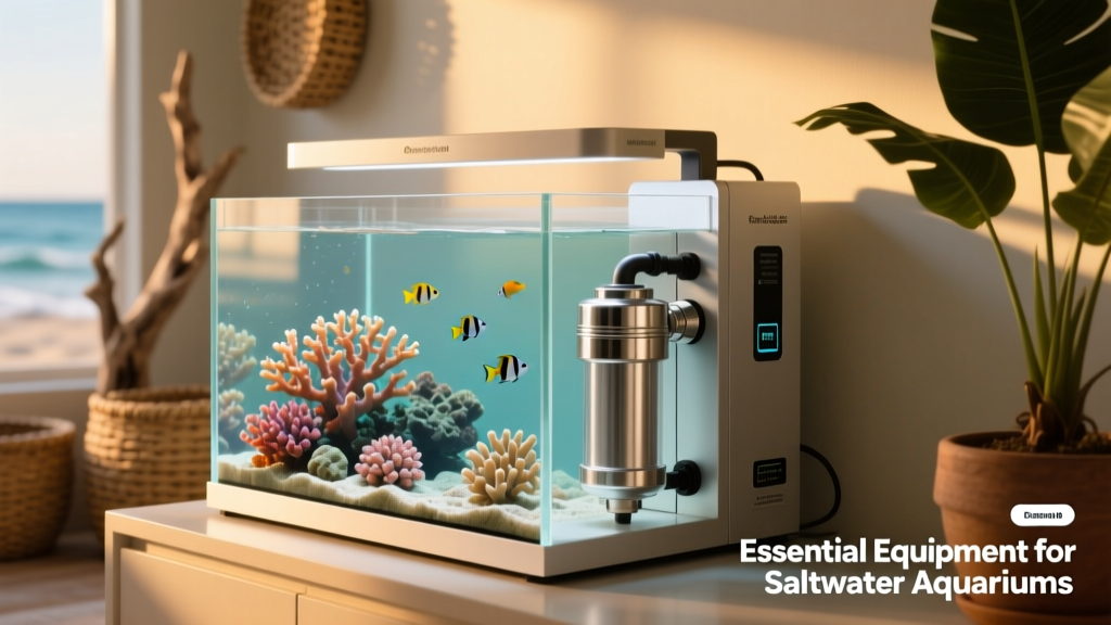 A protein skimmer and canister filter connected to a saltwater aquarium system