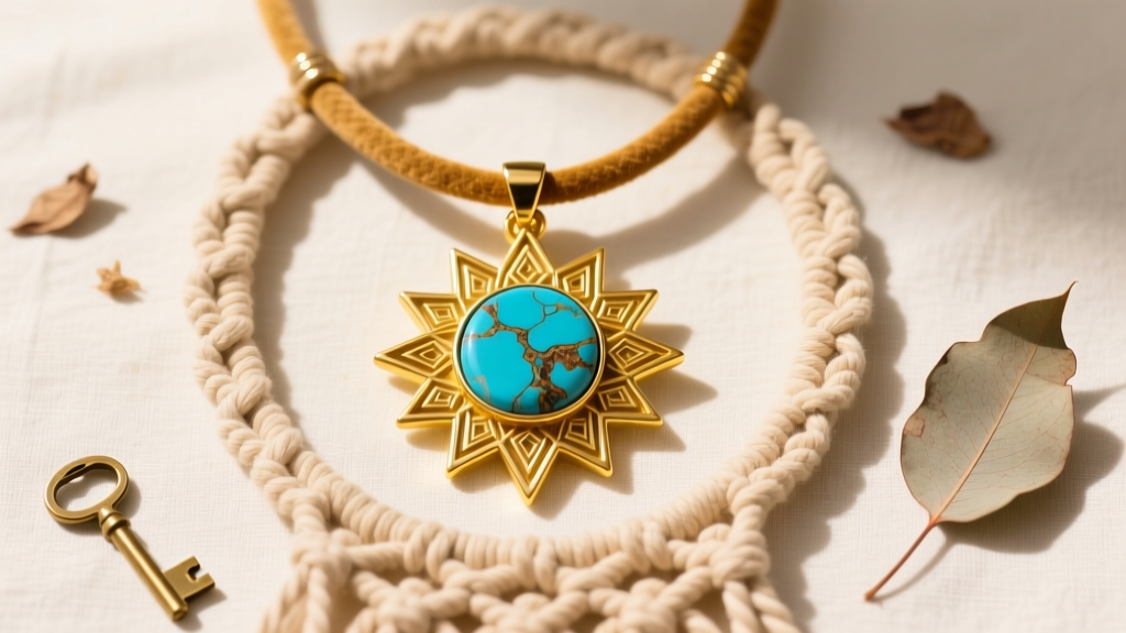 Flat lay of 1970s style jewelry featuring a thick 14k yellow gold sunburst pendant, raw turquoise, and macrame on suede.
