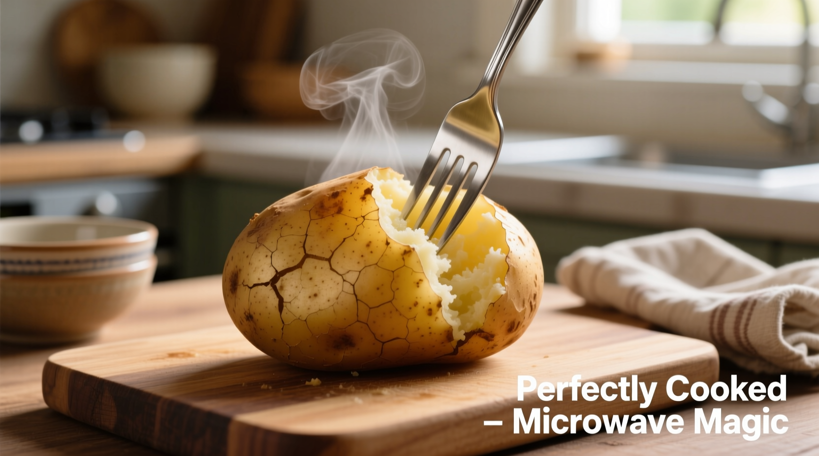 Perfectly cooked microwave potato with fork test