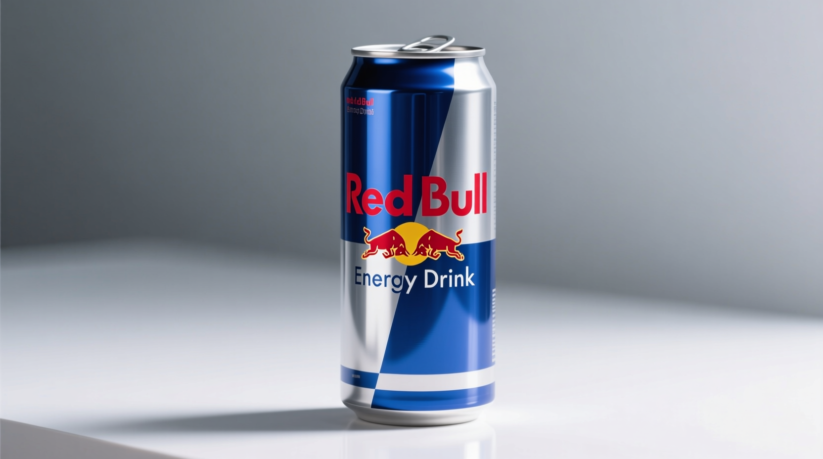 Red Bull can showing distinctive blue and silver design