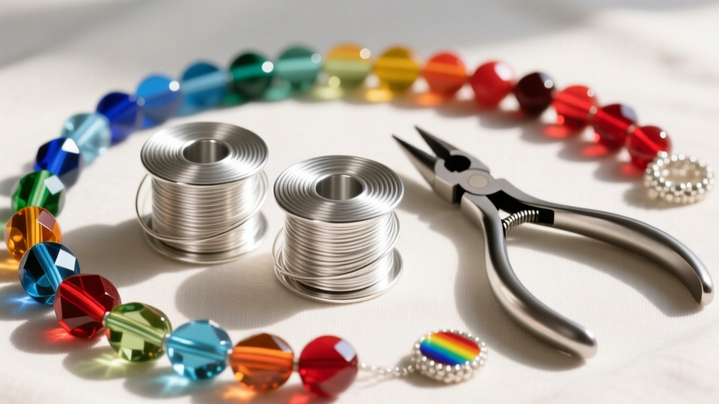 Flat lay of jewelry supplies including half-hard sterling silver wire spools, assorted rainbow glass beads, and round nose pliers.