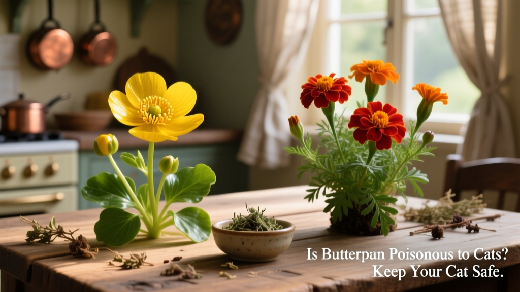 Side-by-side comparison: buttercup plant (left) and a safe alternative like marigold (right)