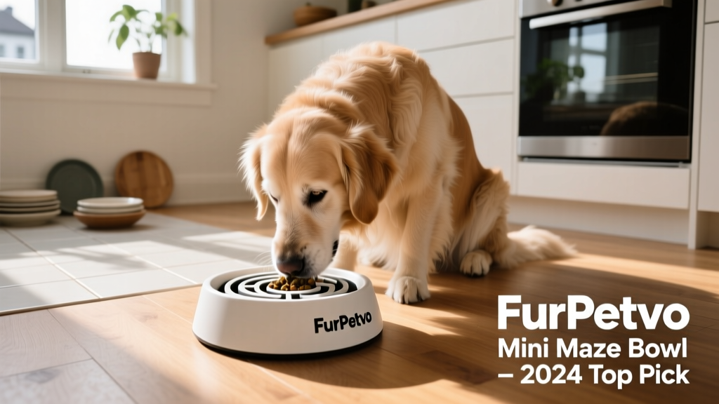A senior dog calmly eating from a FurPetVo Mini Maze Bowl on a kitchen floor