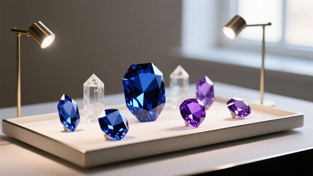 Saphiret glass and synthetic spinel under dual-light LED lamps on a jeweler