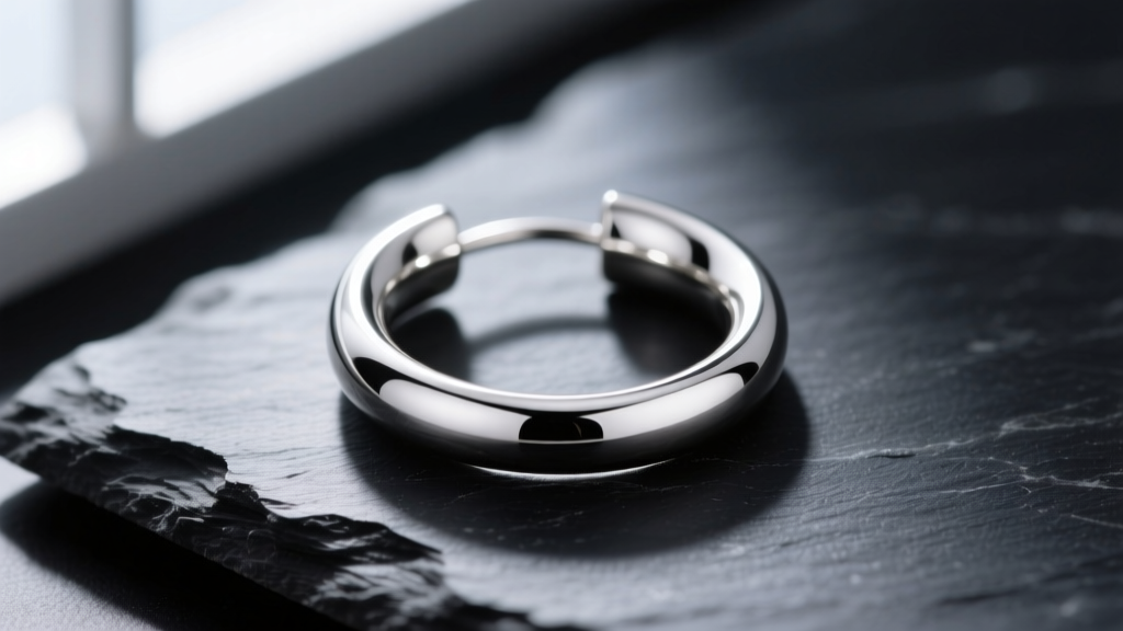 Close-up of a 10mm Argentium silver continuous hoop earring on dark slate, highlighting its brilliant, tarnish-free mirror finish.