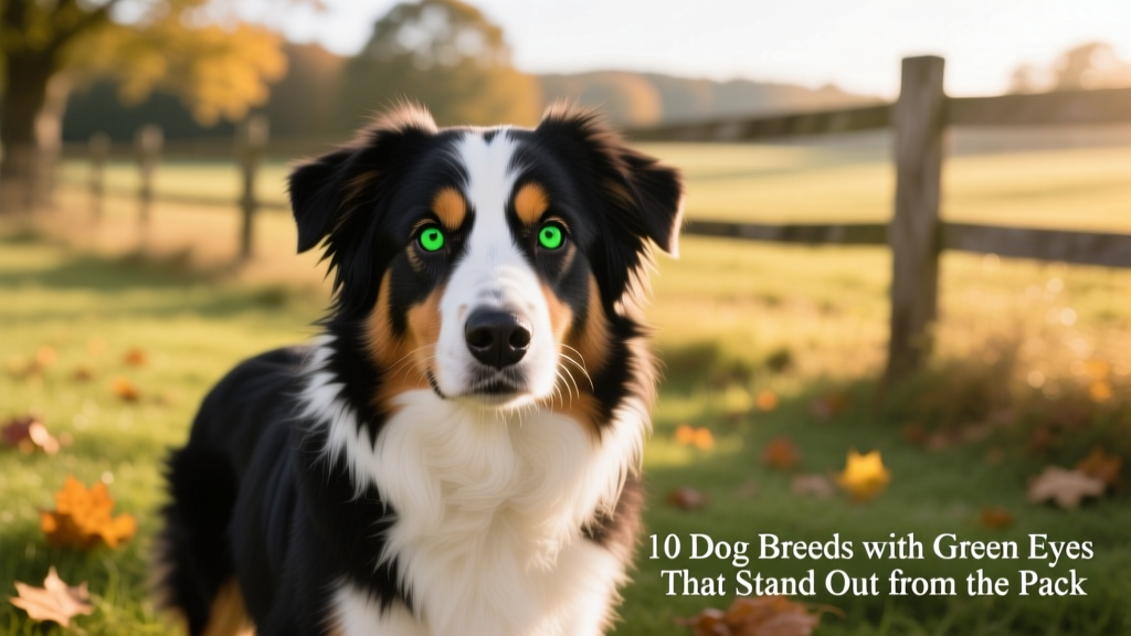 A tri-color Australian Shepherd gazing directly at the camera, highlighting bright green eyes