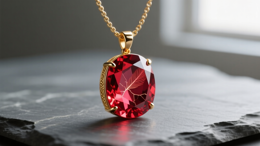 Close-up of a natural ruby pendant on an 18k gold chain on slate with side lighting highlighting internal gemstone inclusions.