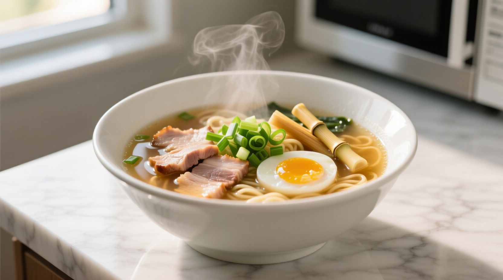 Perfectly cooked microwave ramen in white bowl