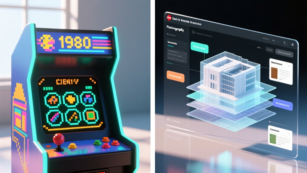 Split-screen showing a retro game inventory hex menu next to a modern 3D BIM digital twin interface with material passports.