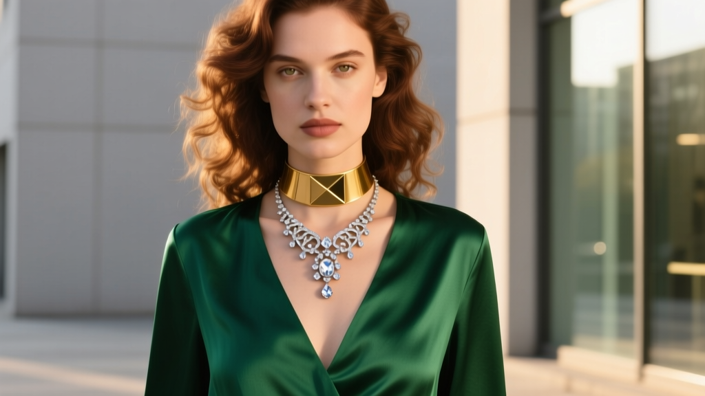 Woman wearing a deep V-neck silk blouse layered with a delicate Y2K-era Park Lane rhinestone pendant and a modern gold choker
