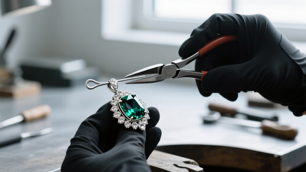 Jeweler using nylon pliers to straighten a bent 20-gauge sterling silver pin stem on a heavy gemstone pendant brooch converter.