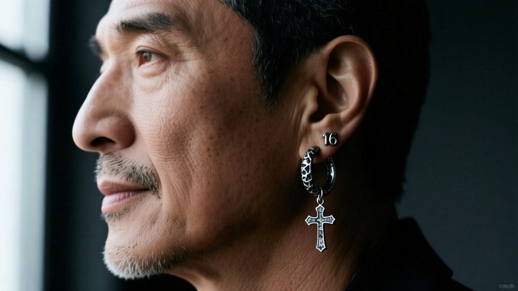 Close-up of a man wearing a 16-gauge oxidized silver hoop earring with a small dangling cross charm against a dark moody background
