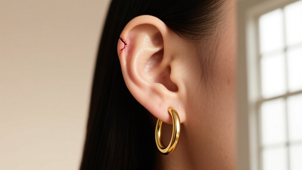 Side view of a healed earlobe wearing a 14k gold huggie hoop, showing healthy skin and proper fit without redness