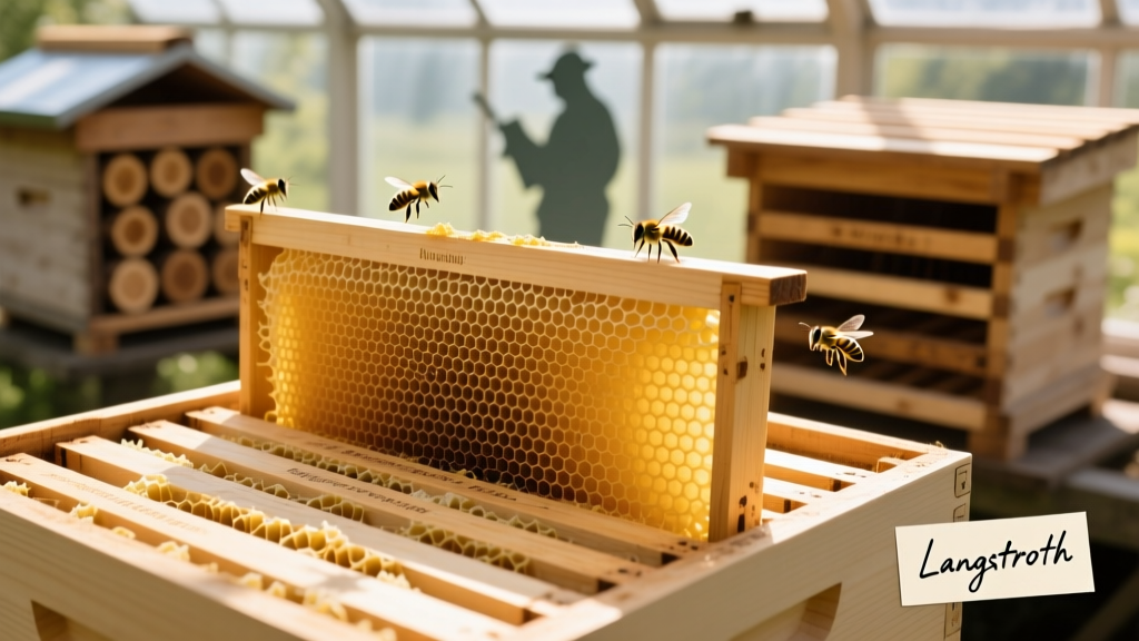 Close-up of a Langstroth hive showing removable frames with capped honeycomb