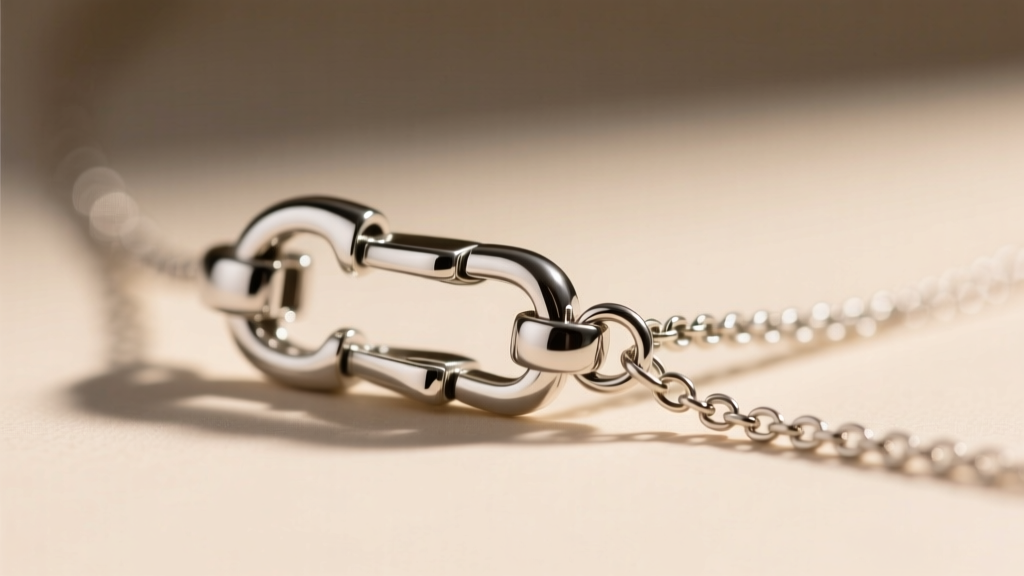 Macro shot of a 316L surgical steel lobster clasp on a chest body necklace, highlighting the secure locking mechanism and extender