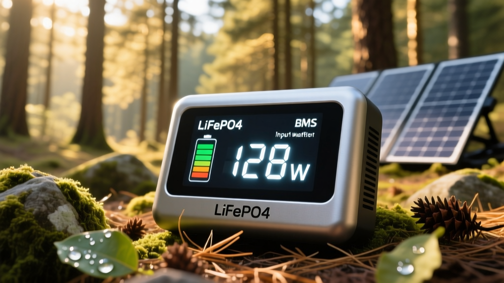 Close-up of a LiFePO4 battery management system display showing input wattage from a folding solar array in a bright, sunlit forest clearing.