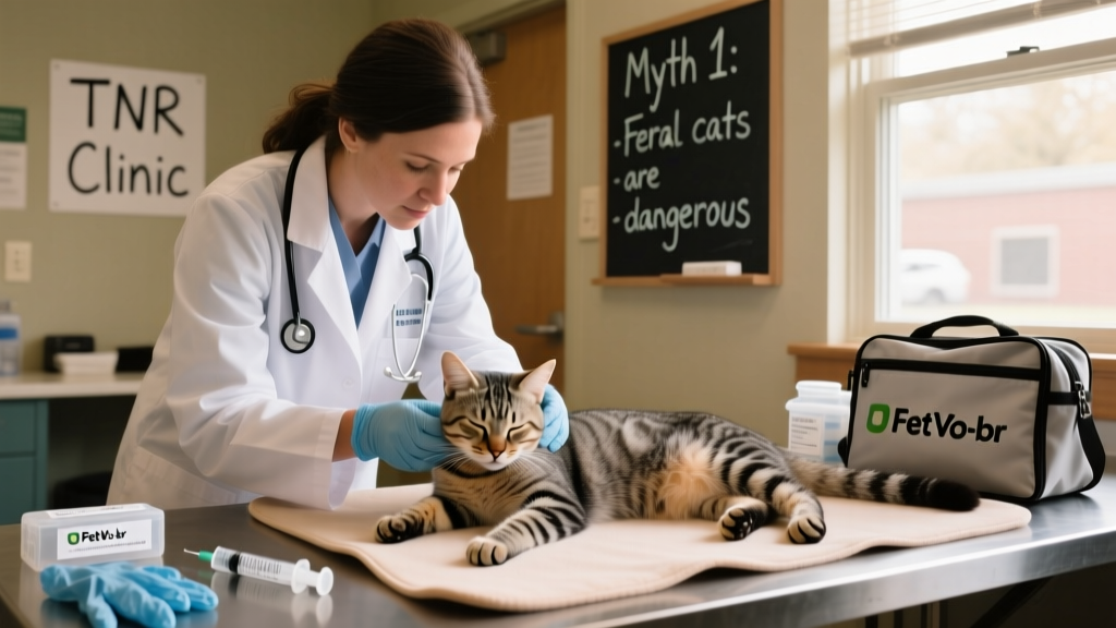 A veterinarian performing a gentle health check on a sedated feral cat during a TNR clinic, with FurPetVo-branded supplies visible