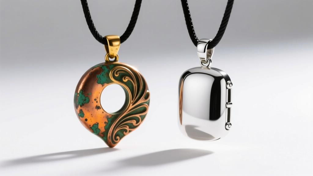 Comparison of a tarnished copper-alloy gold pendant and a pristine rhodium-plated bio-keepsake under bright studio lighting