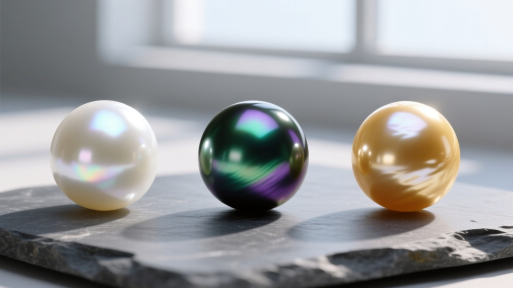 Side-by-side macro comparison showing a white Akoya pearl, a dark peacock Tahitian pearl, and a golden South Sea pearl on slate