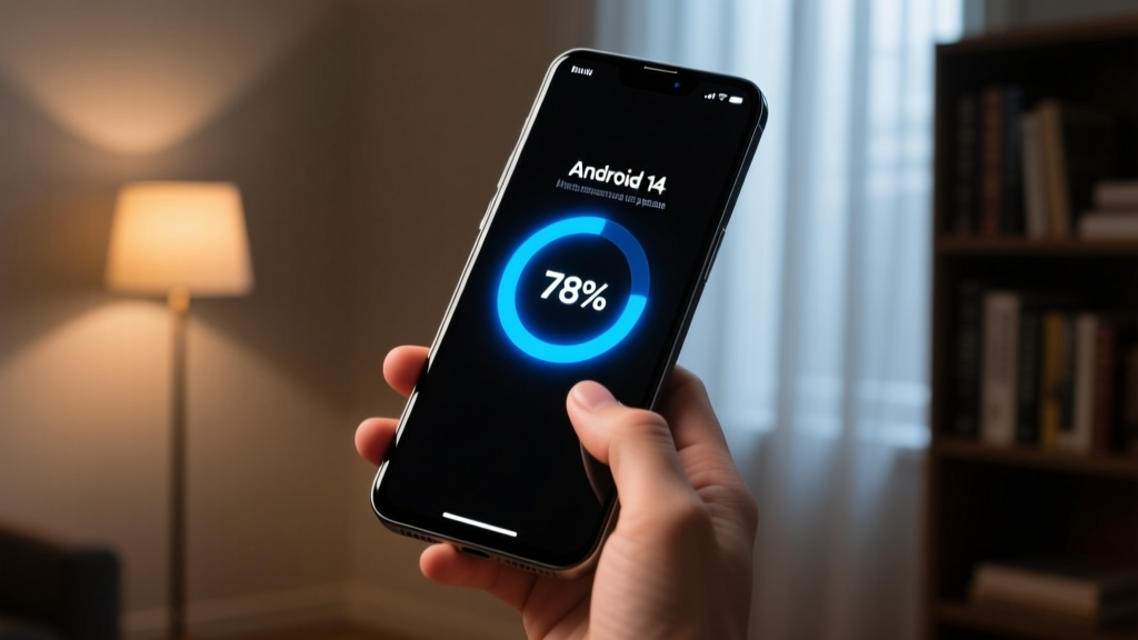 Close-up of a smartphone displaying a realistic fake update Android 14 screen with a glowing progress bar in a dimly lit room