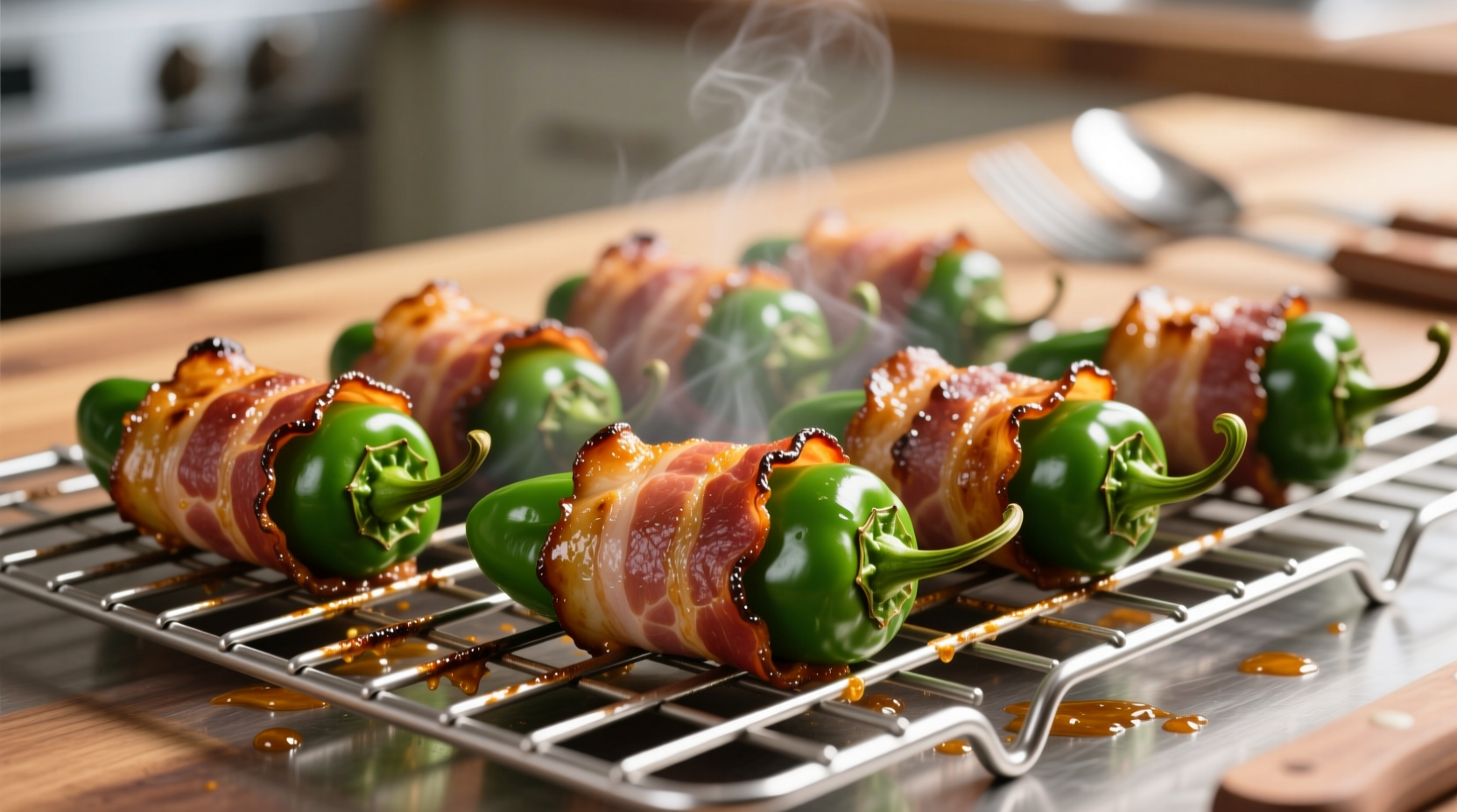 Bacon wrapped jalapenos on wire rack