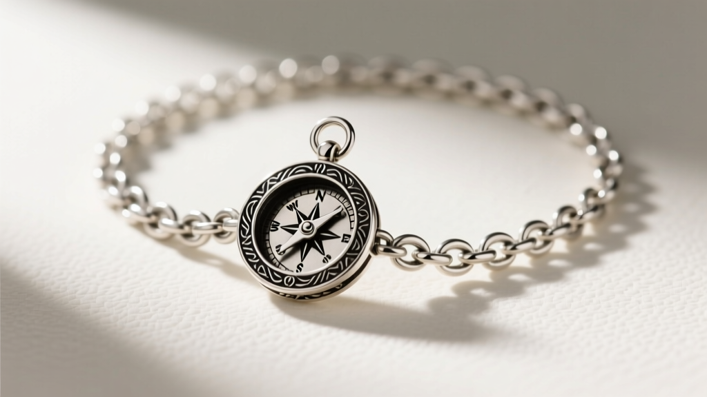 Macro shot of a 925 sterling silver rolo chain and compass charm showing intricate engraving and dark oxidation details