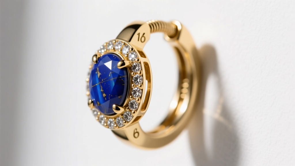 Macro shot of 16-gauge 14k gold cartilage huggie hoop with bezel-set lapis lazuli, showing the secure clicker closure mechanism