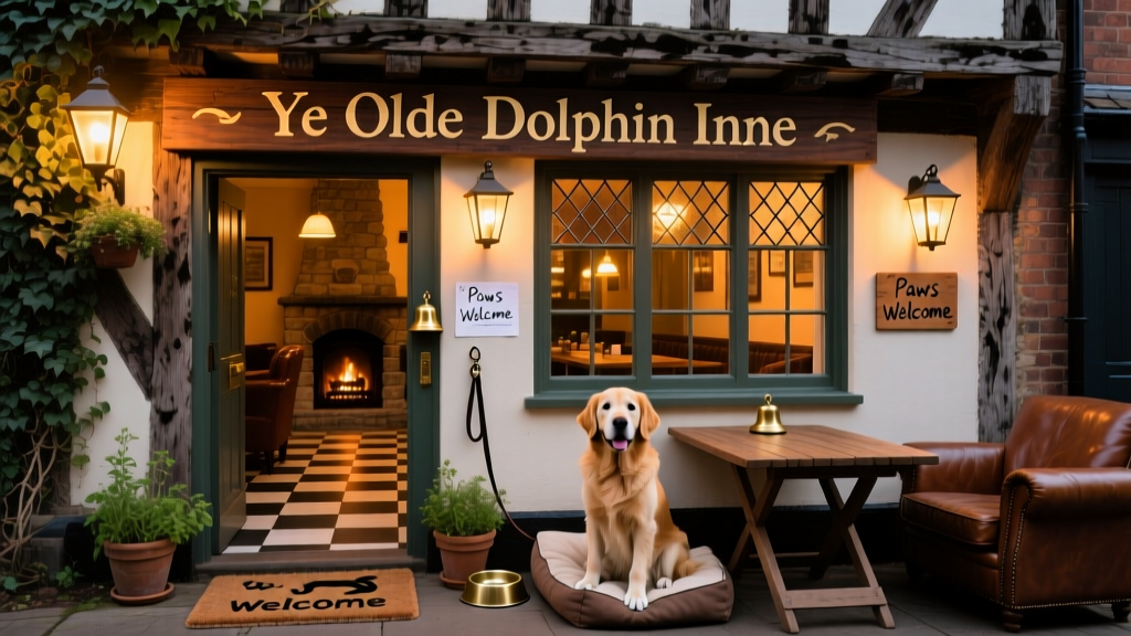 Ye Olde Dolphin Inne, a historic timber-framed inn with warm lighting and welcoming signage