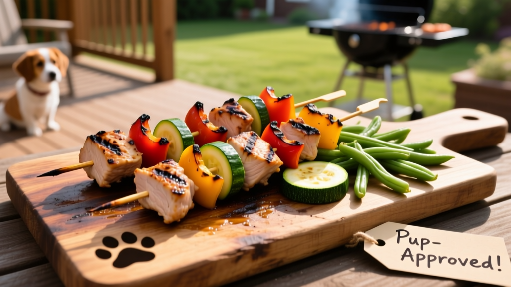 Grilled kabobs with turkey, bell pepper, zucchini, and green beans arranged on a rustic wooden board