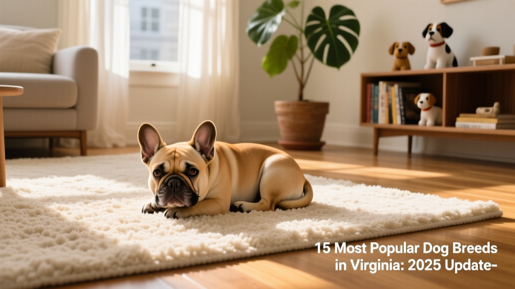 A playful French Bulldog resting on a cozy living room rug with soft natural light