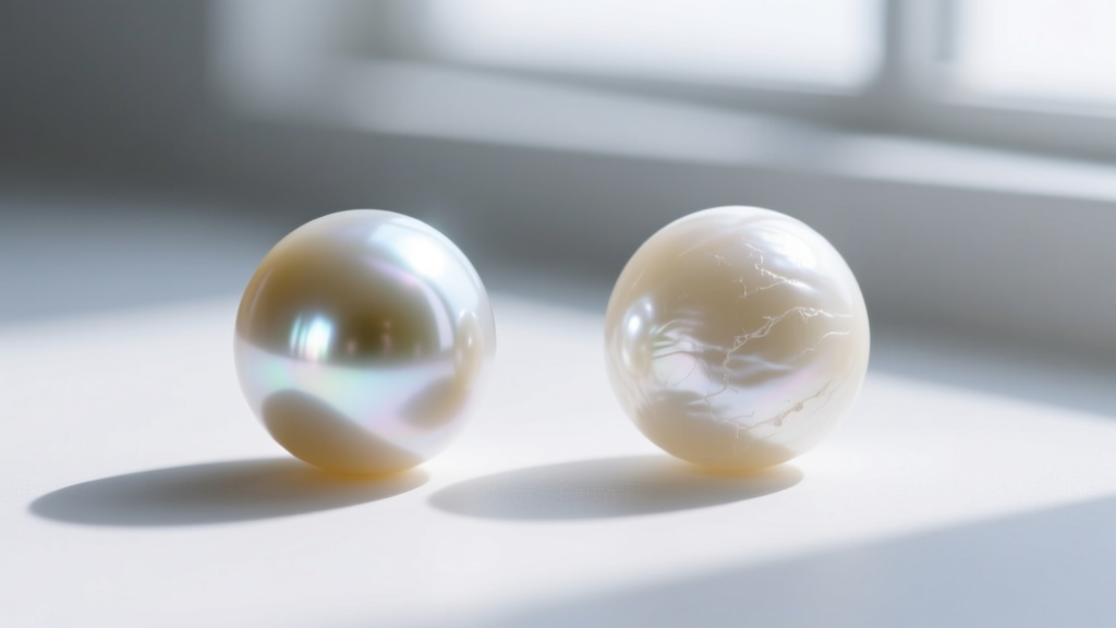 Macro photo comparing two Akoya pearls, showing sharp light reflection on a high-luster gem versus a dull, chalky surface