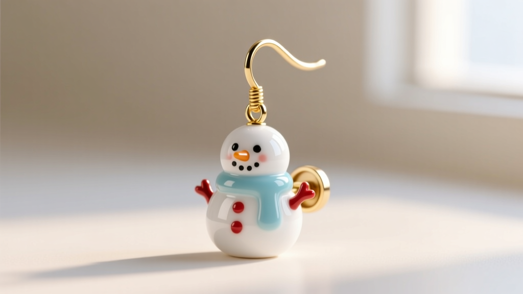 Macro shot of a vitreous enamel snowman earring post, showing the 18-gauge gold wire and secure silicone friction back support.