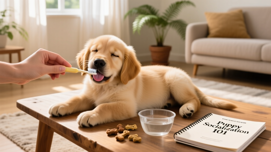 A gentle hand brushing a relaxed puppy’s teeth with a soft puppy toothbrush, with treats nearby on a low table