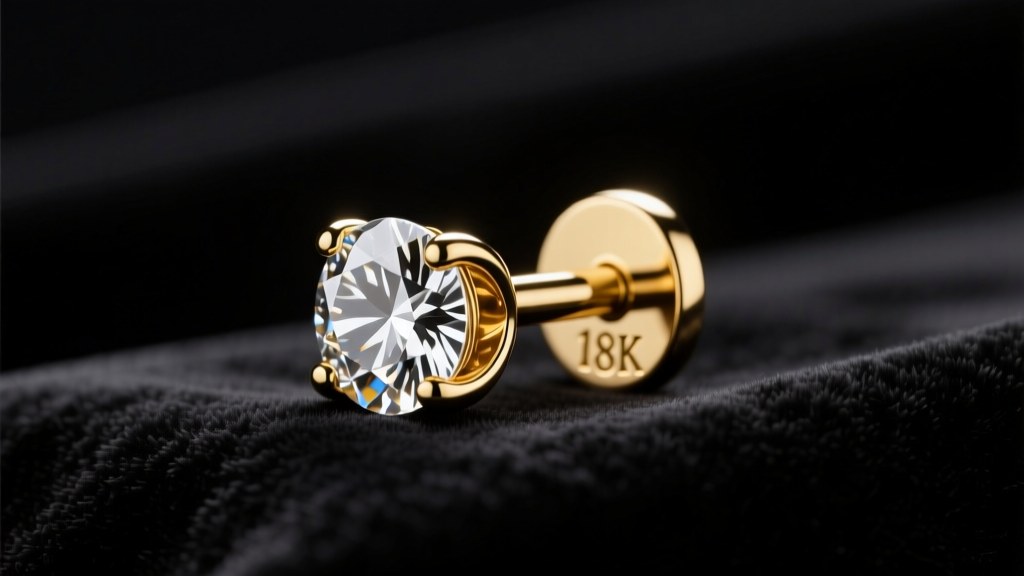 Macro shot of a diamond earring post with an 18K hallmark on dark velvet, showing sharp focus and high contrast studio lighting.