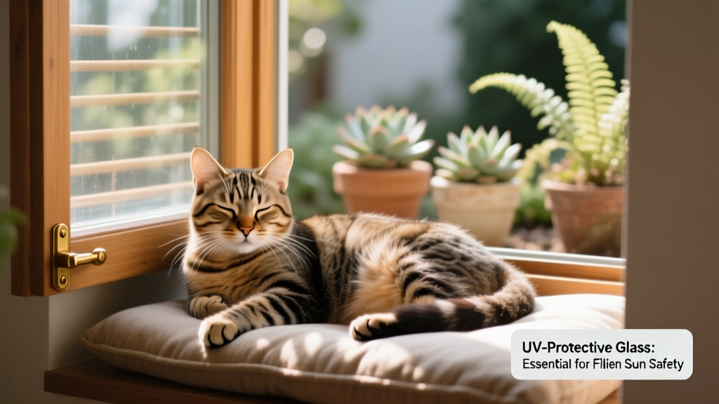 A tabby cat relaxing safely in a shaded window nook with UV-filtering film on the glass