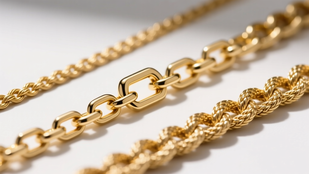 Macro photography comparing three 14k gold chain styles: a delicate cable chain, a sturdy box chain, and a textured rope chain.