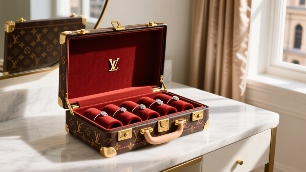Open brown monogram Louis Vuitton jewelry case on a marble vanity, revealing velvet ring rolls and gold hardware in warm light