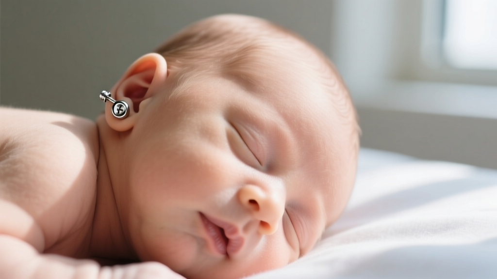 Close-up of a sleeping newborn baby wearing tiny 3mm implant-grade titanium stud earrings with smooth, covered screw-back clasps.