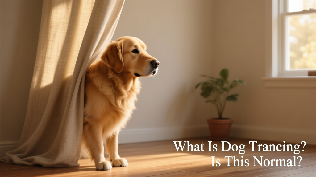 Side view of a dog standing calmly under a low-hanging curtain, head slightly tilted, eyes relaxed