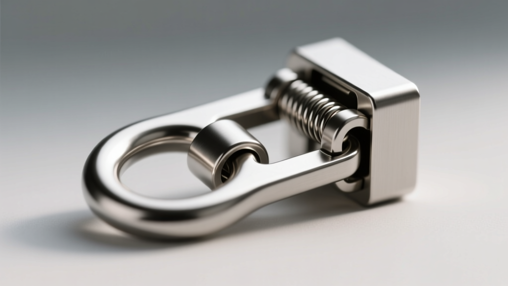 Macro shot of an 8mm steel box clasp with a figure-eight safety latch engaged, highlighting the secure locking mechanism detail.