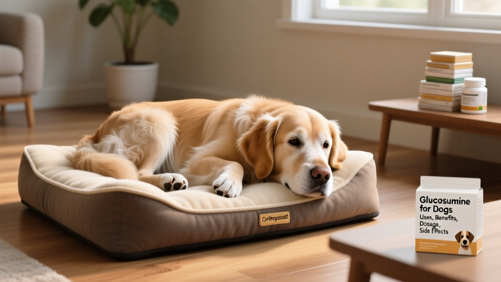 Senior golden retriever comfortably resting on a soft orthopedic dog bed, showing relaxed posture and calm expression