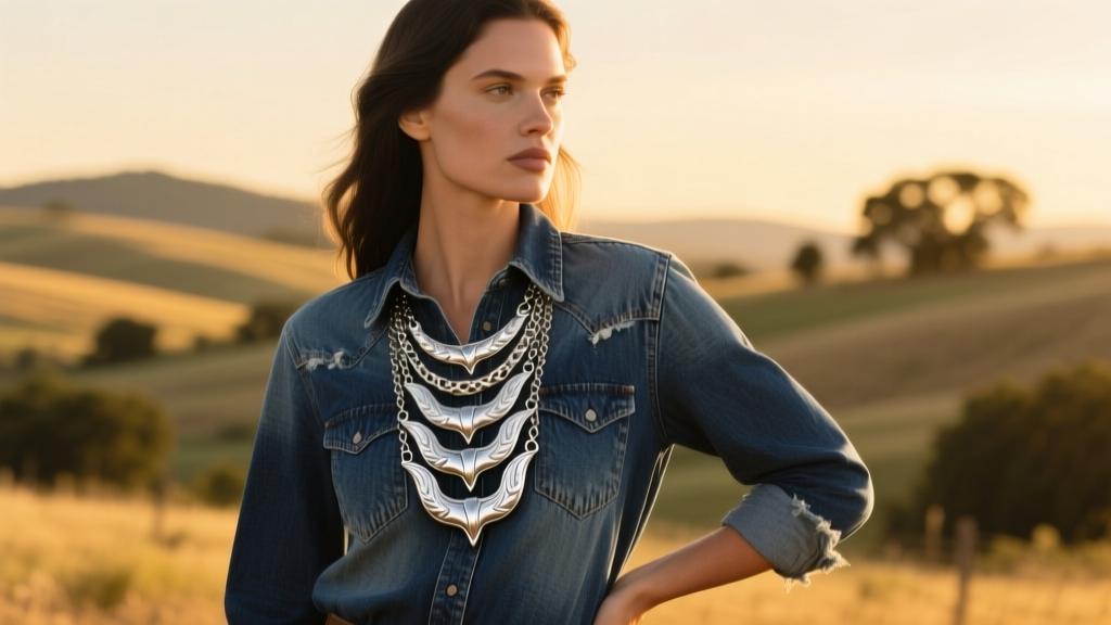 Woman wearing a layered sterling silver cowgirl boot necklace over a vintage denim shirt in soft golden hour lighting